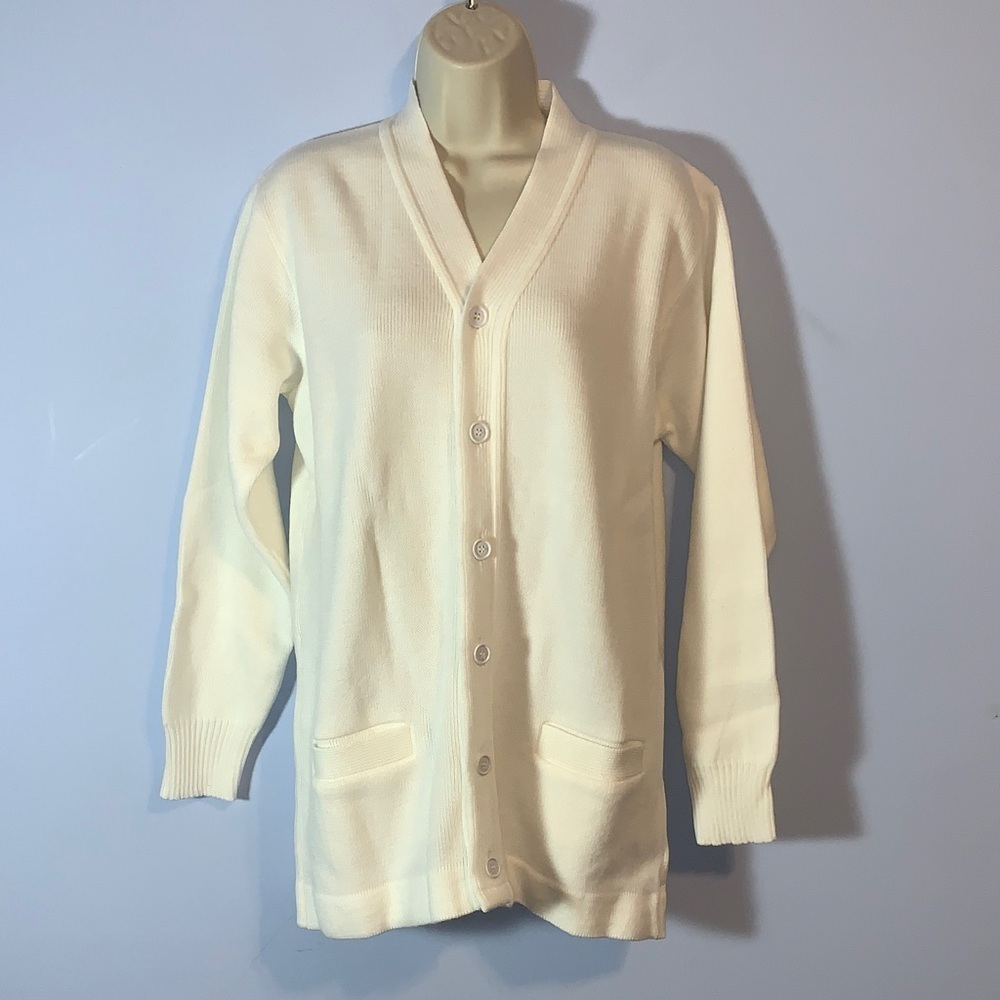 Mehlin & Estey co Women’s white Cardigan Sweater front pockets size large